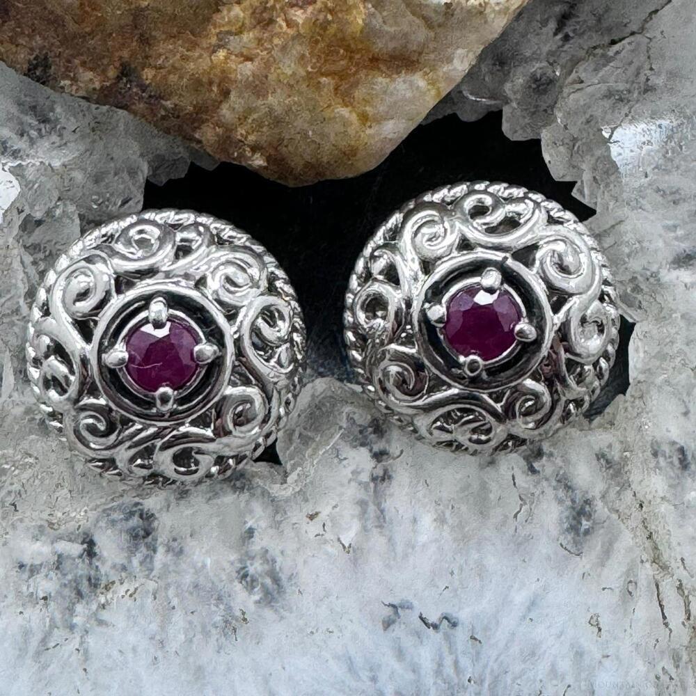 Carolyn Pollack Sterling Silver Faceted Round Ruby Omega Back Stud Earrings